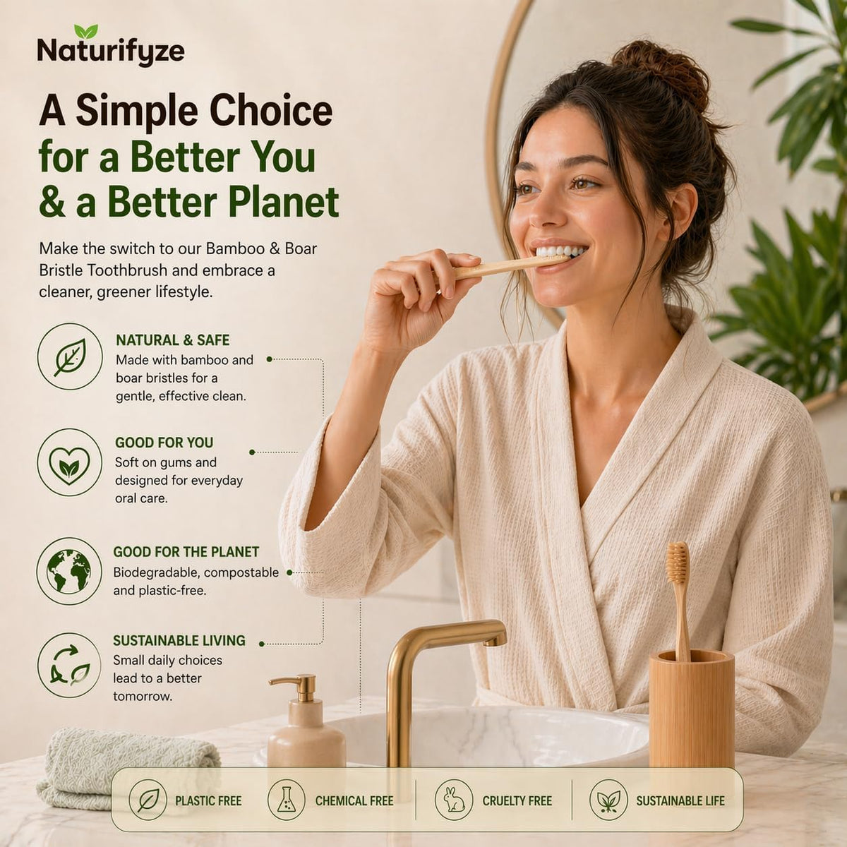 Boar Bristle & Bamboo Toothbrush (4 Pack) - Premium Boar Bristles - Biodegradable - Plastic & Nylon Free - Bamboo & Boar Bristle