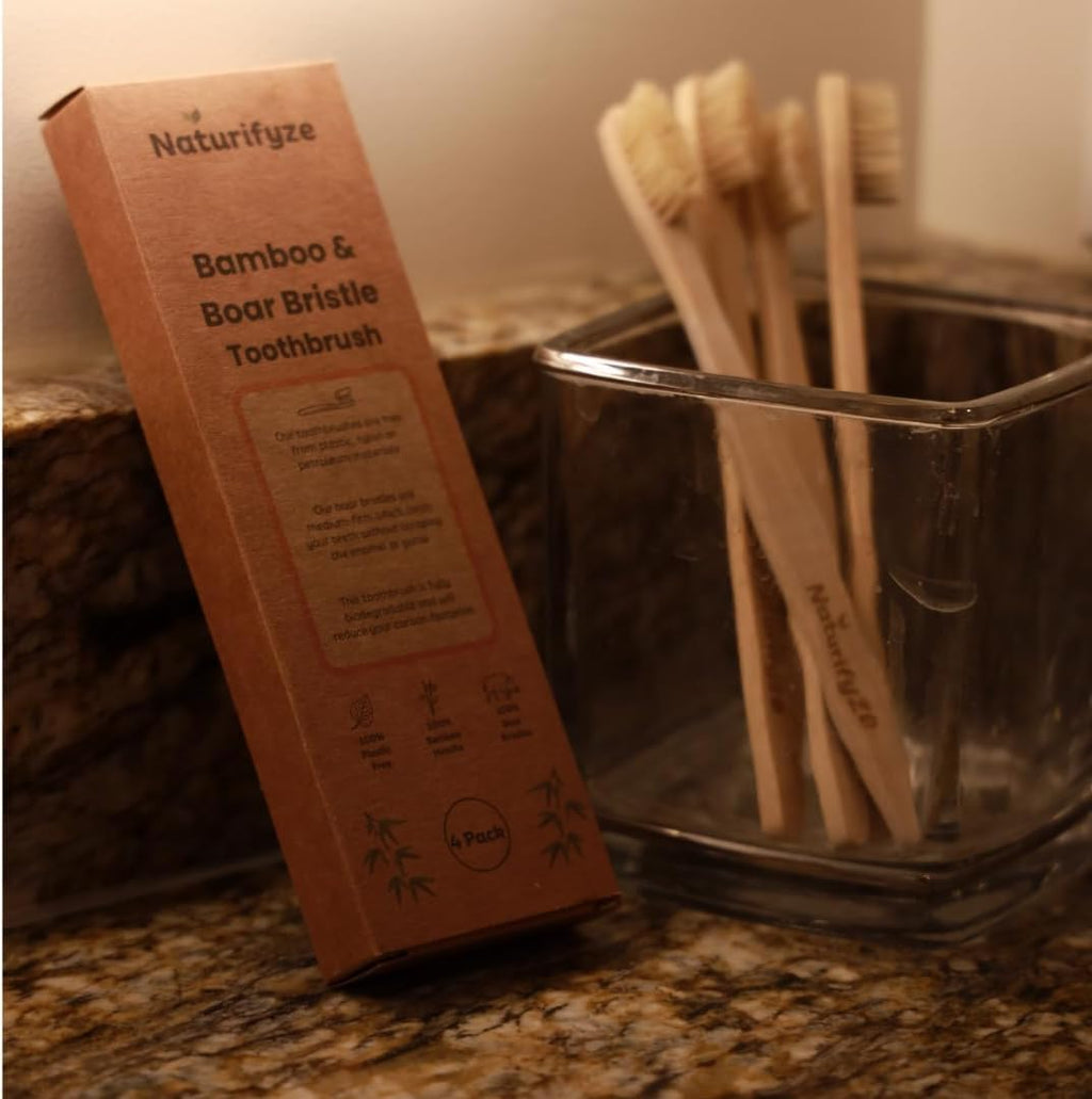 Boar Bristle & Bamboo Toothbrush (4 Pack) - Premium Boar Bristles - Biodegradable - Plastic & Nylon Free - Bamboo & Boar Bristle