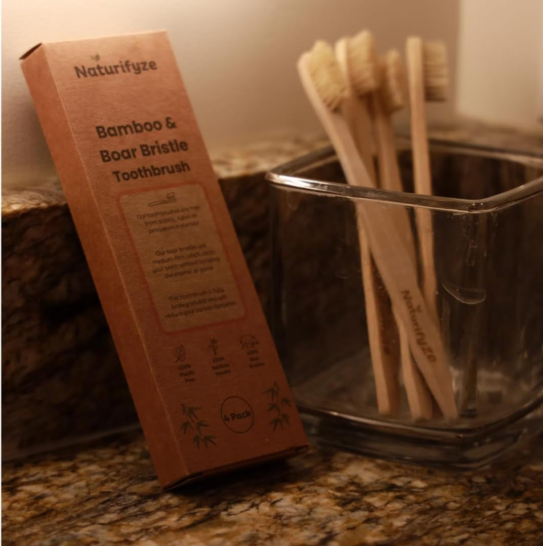 Boar Bristle & Bamboo Toothbrush (4 Pack) - Premium Boar Bristles - Biodegradable - Plastic & Nylon Free - Bamboo & Boar Bristle