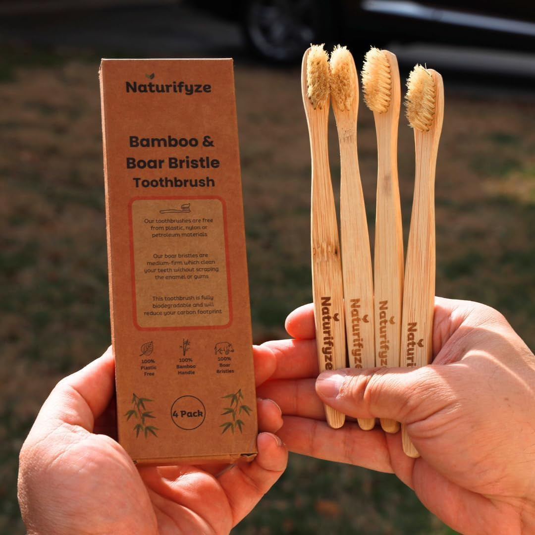 Boar Bristle & Bamboo Toothbrush (4 Pack) - Premium Boar Bristles - Biodegradable - Plastic & Nylon Free - Bamboo & Boar Bristle