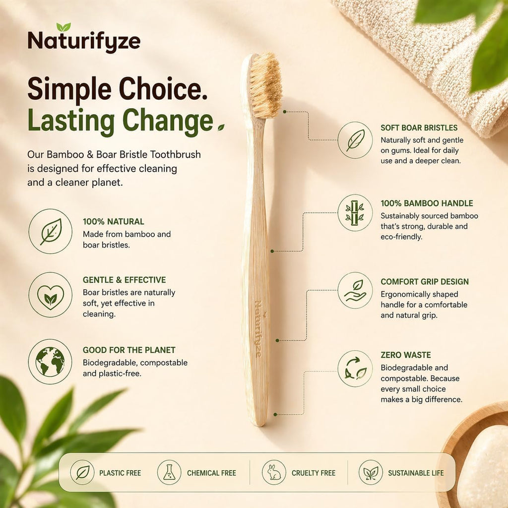 Boar Bristle & Bamboo Toothbrush (4 Pack) - Premium Boar Bristles - Biodegradable - Plastic & Nylon Free - Bamboo & Boar Bristle